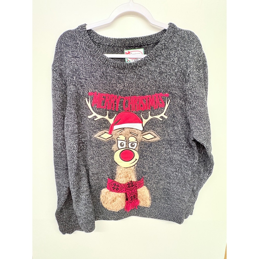 Ugly Reindeer Sweater Women XXL Gray Merry Christmas Kitschy camp Holiday